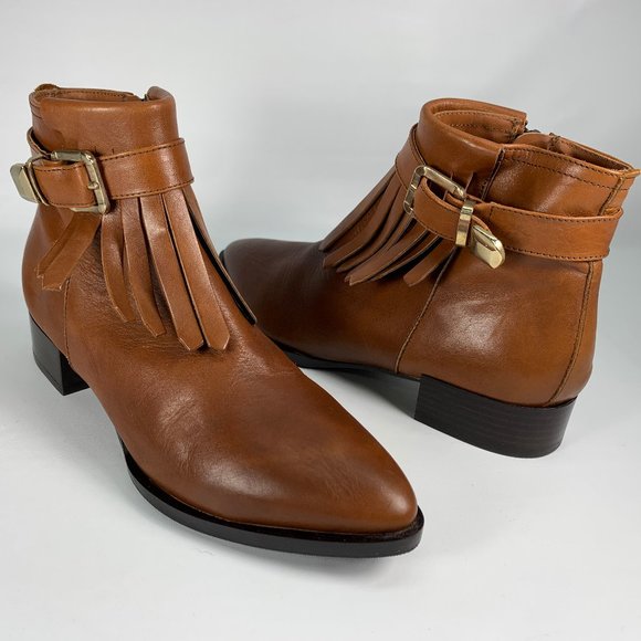 Napoleoni Saddle Brown Leather Fringe Buckle Zip Chelsea Booties 36 US 5.5 - Picture 1 of 13